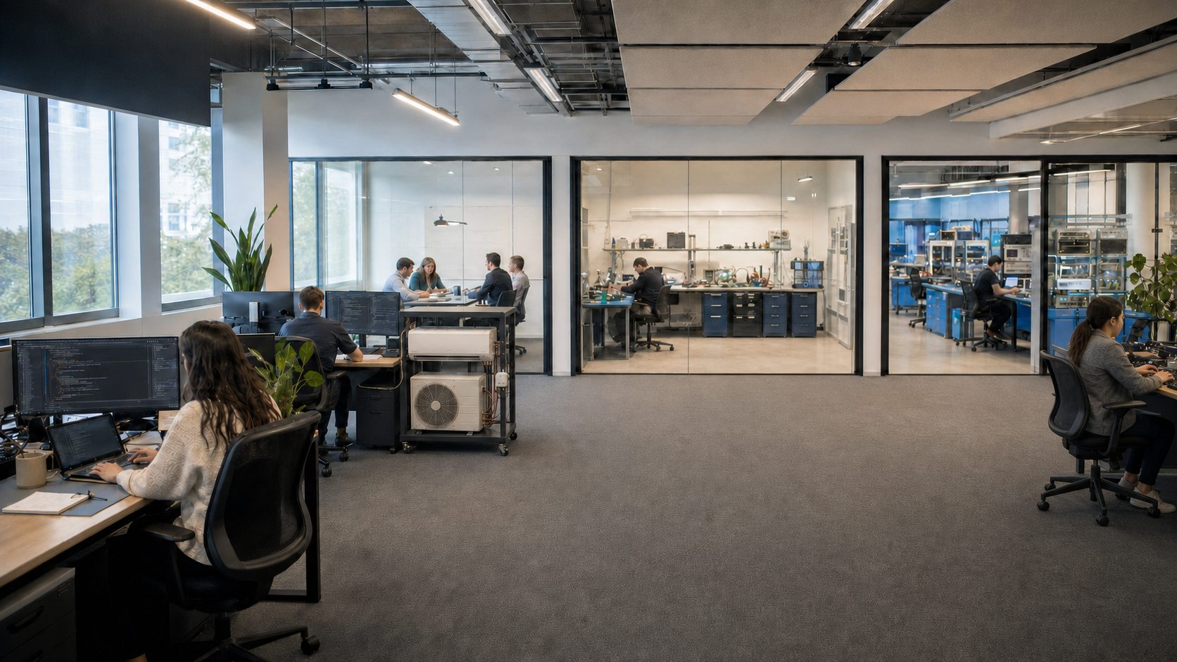 Horizentis engineers at work, with the hardware lab visible behind the glass
